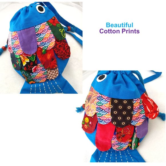 New Patchwork Kids Fish Blue Crossbody Bag Mini Tote Drawstring Red Purple Lined - Picture 7 of 11